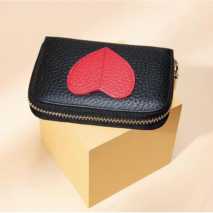 Genuine Leather Mini Wallet with Heart Decoration & Pearl Accent